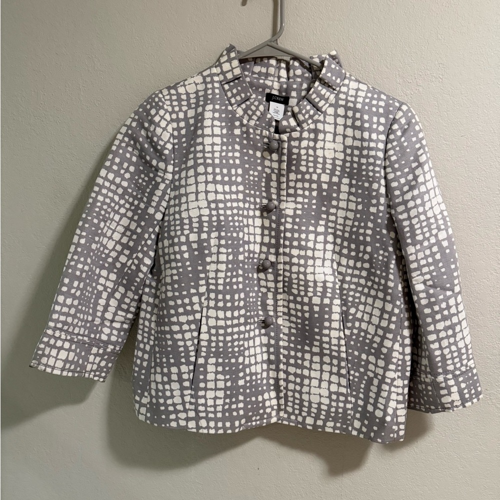 J.Crew Gray Ivory Abstract Print Linen Blend Jacket Blazer Size 10